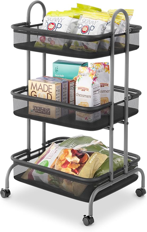 Whitmor Storage Cart Metal 3 Tier Rolling Cart with Wheels, Utility Cart for Bathroom, Bedroom, Bitchen, Laundry Room, Black