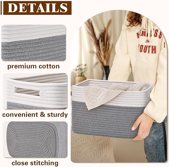Storage Baskets for Organizing, 4 Pack Baskets for Shelves, Decorative Storage Bins for Shelves, Cotton Rope Storage Basket with Handles, Woven Basket for Storage, 13''Lx8.7''Wx7.9''H, White & Gray