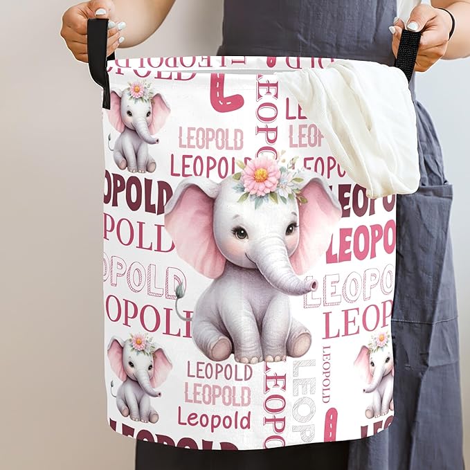 Large Custom Name Laundry Hamper, Elephant Personalized Dirty Clothes Hamper Storage Basket with Name for Bathroom Bedrooms, Customized Name Circular Hamper with Handles for Baby Boys Girls Men Women