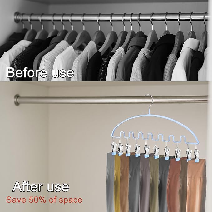 Legging Organizer for Closet,Metal Wave Design Pants Hanger with 10 Clips 7 Hooks, Closet Storage for Pants, Skirts, Hats (Blue, 4Pack)