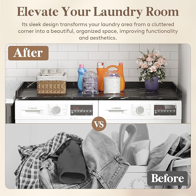 Lifewit Washer Dryer Countertop, Melamine Covers with Edge Rails for The Top, Laundry Room Storage and Organization, Spice Type, Hold 200lbs, Black Marble, 54" x 27.5"