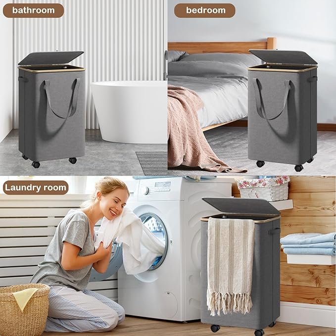 Large Laundry Basket with Wheels - 100L Rolling Laundry Hamper with Lid and Removable Bag - Portable Clothes Hamper for Bedroom Aesthetic - Great for Bathroom, Dorm & Laundry Room (Gray)