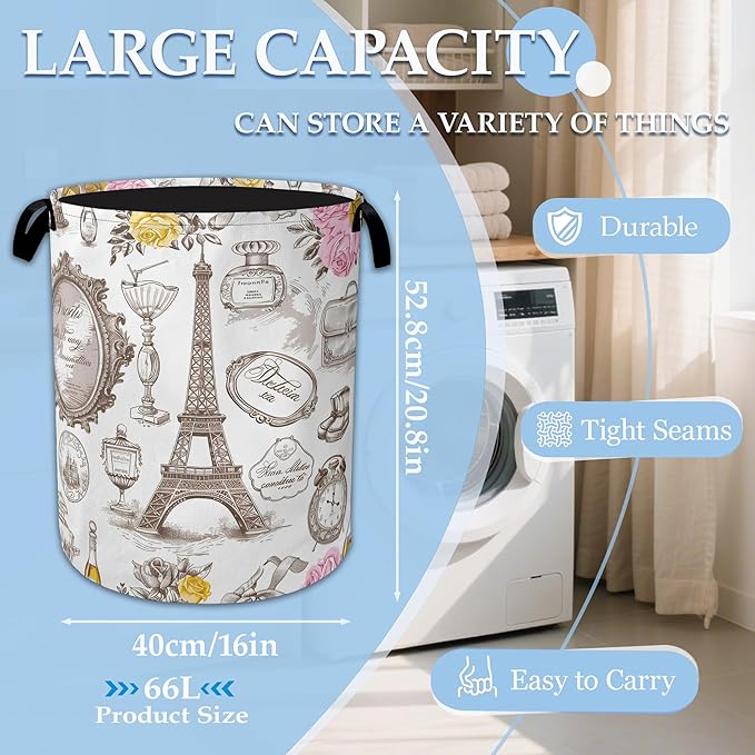 Eiffel Tower Roses Laundry Basket Collapsible Laundry Hamper with Handles, Waterproof Oxford Cloth Storage Bin for Bathroom/Bedroom/Dormitories 16 X 20.8 Inch