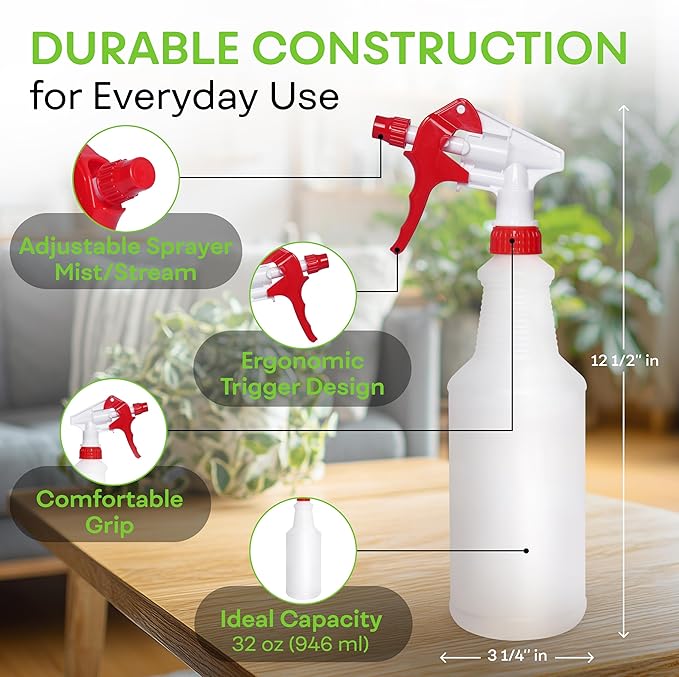 BRIGHTFROM 32 OZ Empty Plastic Spray Bottle, Heavy Duty with Adjustable Spray Nozzle, Chemical Resistant, All Purpose, Professional for Cleaning, Planting & Chemical Solutions