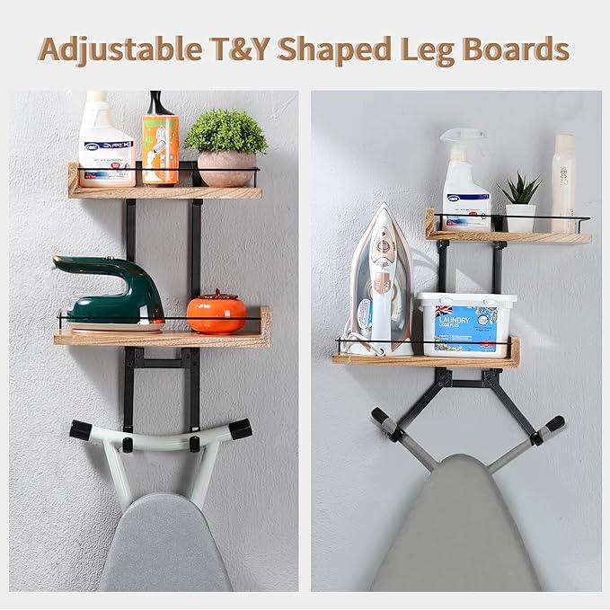 Ironing Board Hanger Wall Mount with Adjustable 2-Large Storage Shelves, Heavy Duty Space Saving Iron and Ironing Board Holder for Laundry Room, T&Y Leg Shaped, Carbonized Black
