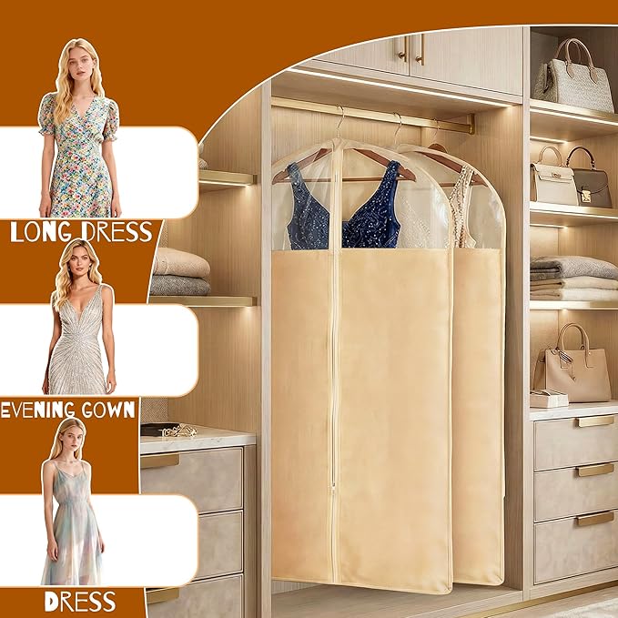 2 Pack 24 x 60 Inches Cotton Garment Bags for Hanging Clothes, Breathable Garment Bags for Long Dress, Fur Coat, Jacket, Gown, Suit, Garments Covers with Clear Window
