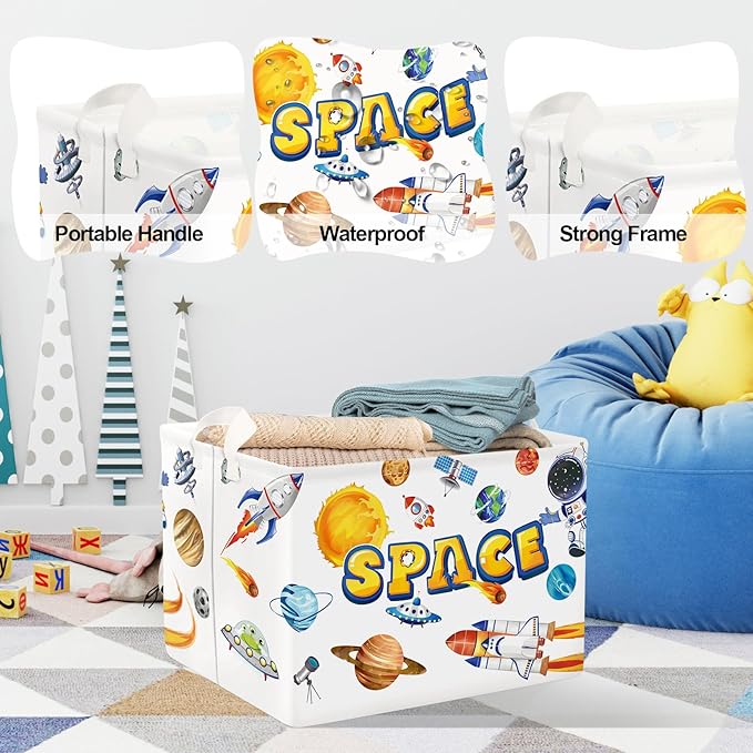 Clastyle Cosmic Space Planet Laundry Basket Star Kids Clothes Book Storage Basket Gift Toy Box for Bedroom Decor,Rocket,40x30x30 cm