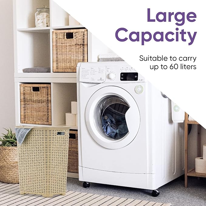 Superio Laundry Hamper Basket With Easy Open Lid 60 Liter Beige, Large Wicker Hamper, Dirty Cloths Storage With Two Cutout Handles, Laundry Room Bin