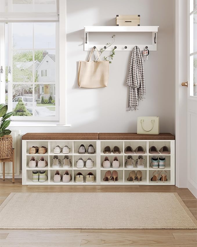 Shoe Storage Bench with Cushion, Entryway Storage Bench with 18 Cubbies, 9.5" Widened Organizer Cabinet, Long Cubby Rack for Living Room, Bedroom, Entryway, White and Brown SB25714KA
