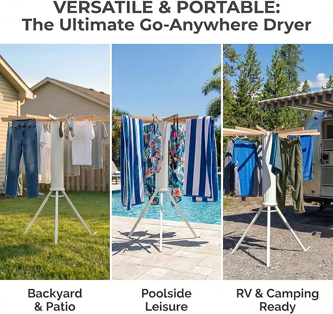 Clothes Drying Rack Foldable, Laundry Drying Rack Clothing with 16 Wooden Rods and 3 Aluminum Legs, Ideal for Versatile Indoor and Outdoor Use in Apartment, RV, Balcony and Bedroom.