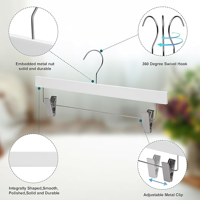Quality Hangers Luxury Ultra Thin Space Saving Wooden Clothes Hanger - Skirt Hangers with Squared Pant Bar Best for Shirts Blouses Dress - White Hangers - 20 Pack