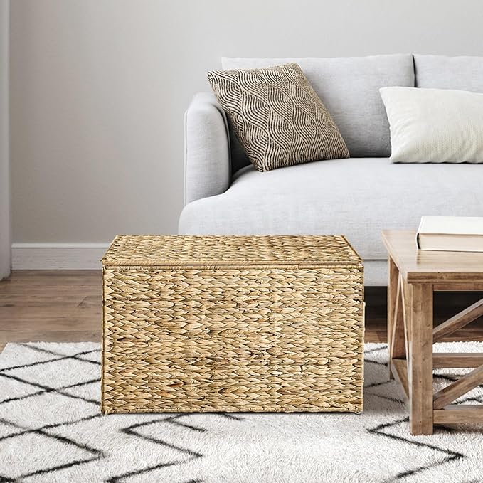 Water Hyacinth Storage Basket with Lid, 27.7 Gallon (105L) Blanket Storage Basket with Handles, Woven Storage Bin, Foldable, Metal Frame, for Bedroom, Laundry Room, Natural