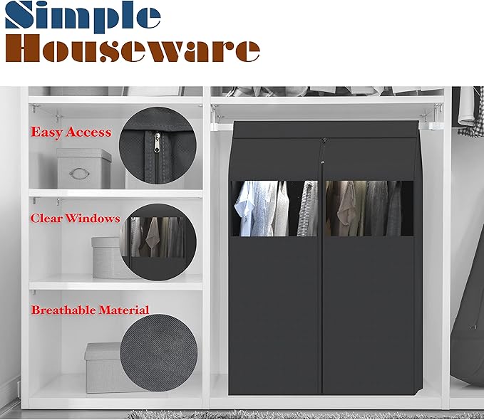 Simple Houseware 30"W x 54"H Garment Cover with Bottom Seal and Clear Window for Clothes Rack/Closet/Hanging Clothes, Dark Gray