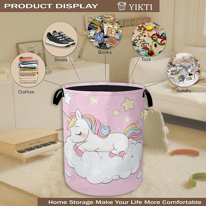 Laundry Hamper,Cute Unicorn Laundry Basket,Girls Pink Stars Portable Collapsible Laundry Room Organization Storage for Dorm Room,Nursery,Bathroom,Bedroom,16x20 Inch