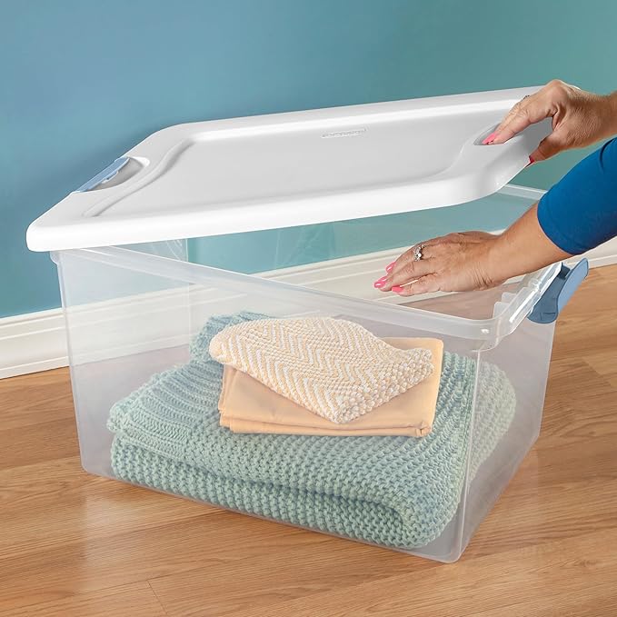 Sterilite 8 Pack Latching Box, 64 Qt Plastic Storage Container, Stackable Large Home or Office Tote Organizers with Secure Lids, White