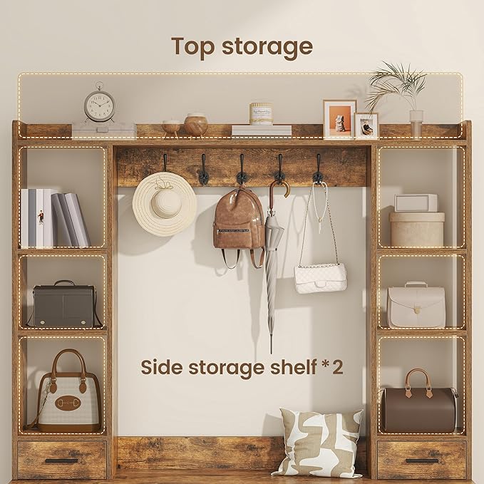 61.6" H White Hall Tree with Bench and Shoe Storage, 6-in-1 Multi-Functional Entryway Bench with 2 Drawers, 5 Coat Racks, Shoe Rack with 13 Shoe Cubbies, Entryway Storage Organizer, Brown