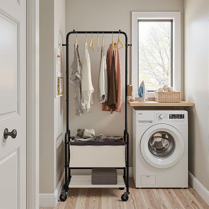 StorageWorks Laundry Cart with Hanging Rack, Rolling Laundry Hamper, Laundry Basket with Wheels, Laundry Room Clothes Sorter Storage Basket and Shelf, Beige