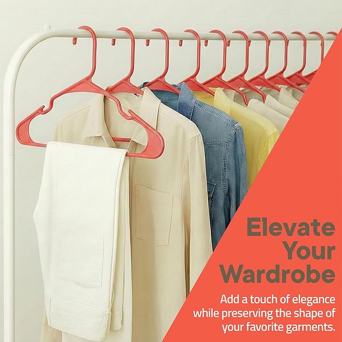 Plastic Clothes Hangers – Heavy Duty Hanger Set, for Organizing Clothes, Dresses, and Coat, Holds Up to 5 lbs, Space-Saving Hangers with Non-Slip Shoulder Grooves, Pack of 10, Red