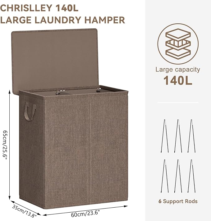 Chrislley 140L Laundry Hamper 2 Section, Double Laundry Basket with Lid, Large Dirty Clothes Hamper with Removable Liner Bags, Collapsible Laundry Organizer for Bedroom, Dorm,Brown