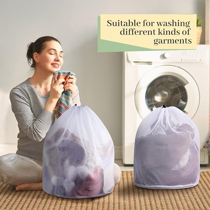 12 Pcs 24 * 32 Inches Fine Mesh Laundry Bag with Drawstring Large Heavy Duty Mesh Bag Machine Washable Sheet Drawstring Net for Delicates College Dorm