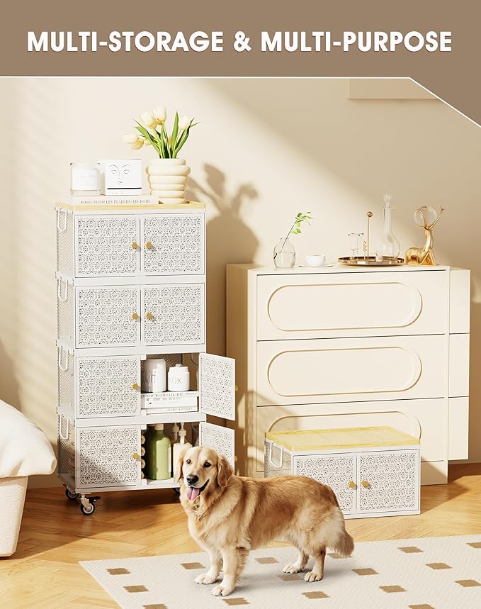 4 Tier Metal Storage Cabinet with wheels, Storage Bins with Magnetic Doors, Storage Cart for Living Room, Bedroom, Bathroom, Kitchen