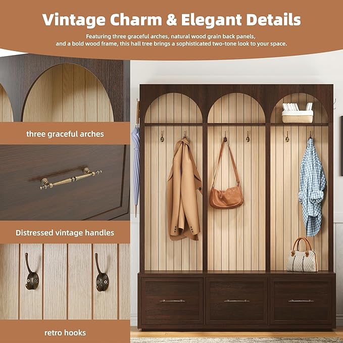 Farmhouse Hall Tree with Three Arched Design, All-in-One Design Wooden Coat Rack & Shoe Organizer with 3 Drawers, 59" Wide Entryway Bench with 8 Retro Hooks for Mudroom, Living Room (Dark Walnut//538)