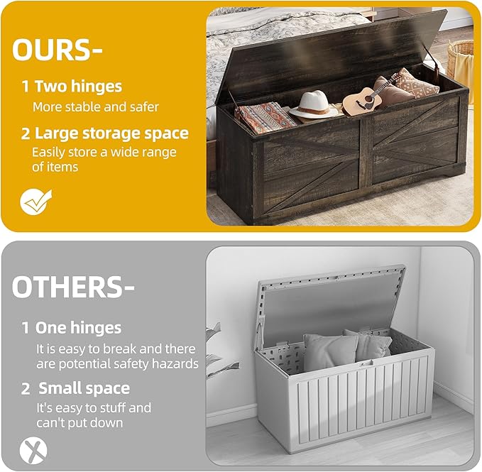 DWVO Storage Bench, 47.2" Farmhouse Storage Chest with 2 Safety Hinges, Wooden Storage Organizer, Shoe Bench for Entryway, Bedroom, Living Room, Dark Rustic Oak