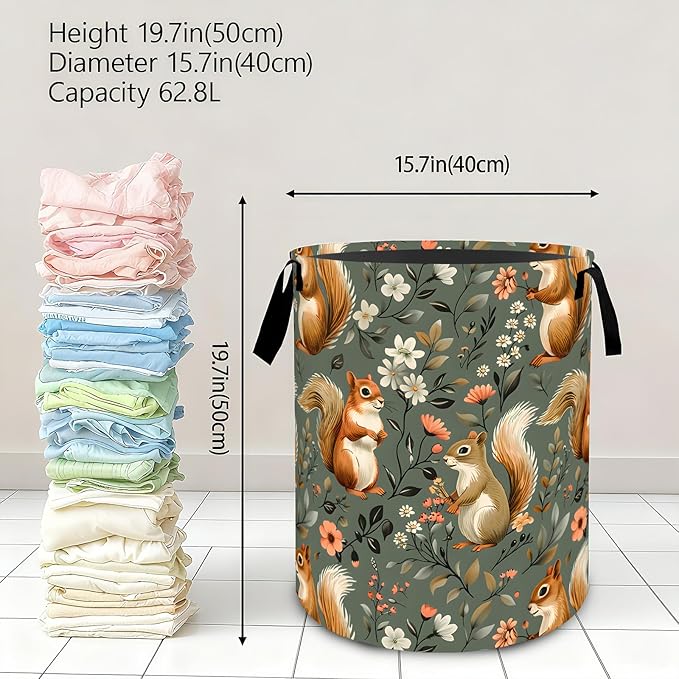 Retro Squirrel Floral Laundry Basket,Dirty Clothes Hamper,Animal and Flower Storage Bin,Nature Lovers Gifts,Waterproof Oxford Cloth Baskets for Bathroom,Bedroom,Home Decoration(19.7" x 15.8")