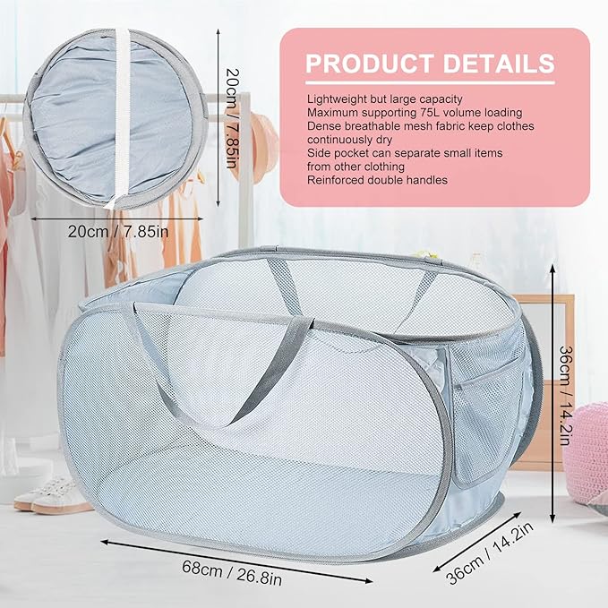 2 PCS Mesh Laundry Hamper,Collapsible Laundry Baskets,75L Large Foldable Dirty Clothes Hamper Storage Basket Horizontal with Side Pocket&carry Handle for Home,Travel grey