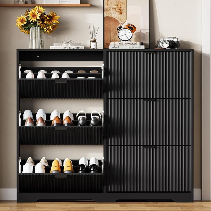 Shoe Cabinet Storage for Entryway with 6 Flip Drawers, Black Fluted Shoe Cabinet with Adjustable Shelves, Wooden Hidden Shoe Rack Freestanding Narrow Slim Shoes Storage for Hallway, Entrance