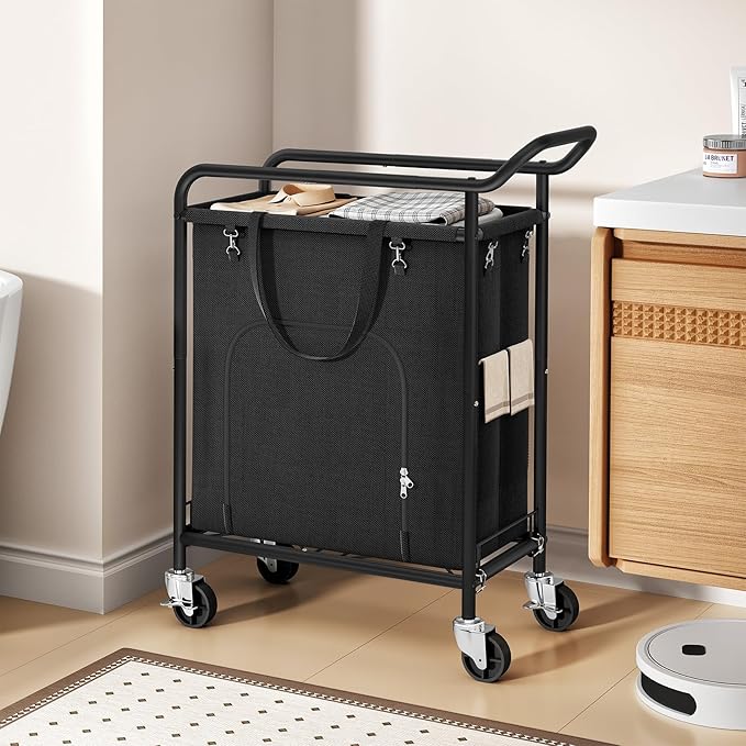 Laundry Basket with Wheels,150L Large Rolling Laundry Hamper, Heavy-Duty Laundry Cart Sturdy Metal Frame with Handle, Minimizes Bending Easy Access Clothing for Bedroom, Bathroom, Laundry Room (Black)