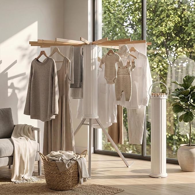 Clothes Drying Rack Foldable, Laundry Drying Rack Clothing with 16 Wooden Rods and 3 Aluminum Legs, Ideal for Versatile Indoor and Outdoor Use in Apartment, RV, Balcony and Bedroom.
