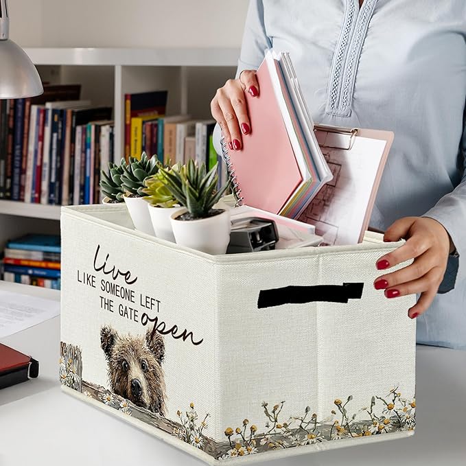 Rustic Bear Storage Bins & Boxes with Handles, Farmhouse Bear Foldable Basket for Organizing, Live Like Someone Left the Gate Open Collapsible Storage Basket for Bedroom Bathroom Clothes Toys