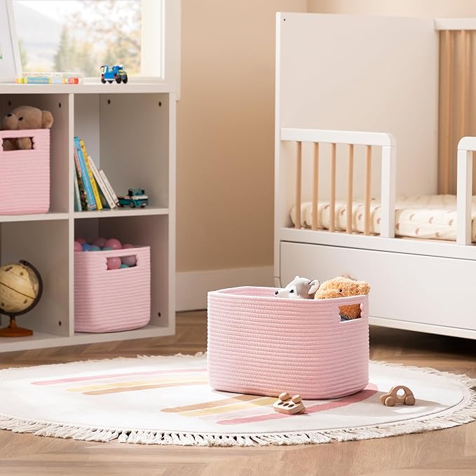 UBBCARE 2 Pack Storage Baskets for Organizing, Shelf Baskets with Handles, Woven Storage Baskets for Bookcase/Cube Shelf/Closet, 14.5"L x 9.8"W x 9"H, Pink