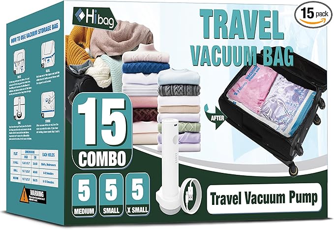Travel Vacuum Bags with Electric Pump, Vacuum Travel Bags for Luggage and Suitcase, Combo 15 Pack