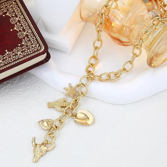 Chunky Gold Necklace for Women Gold Evil Eye Cowboy Pendant Necklace Dainty Paperclip Chain Vintage Luck Amulet Choker Necklaces Celestial Jewelry Gift
