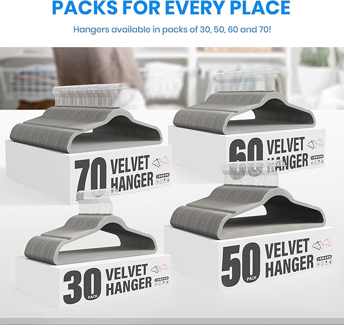 Simple Deluxe Velvet Hangers 50 Pack, Non-Slip Clothes Hangers with Shoulder Notches, 360° Swivel Hooks, Heavy Duty Coat Suit Hangers for Closet Space Saving, Grey