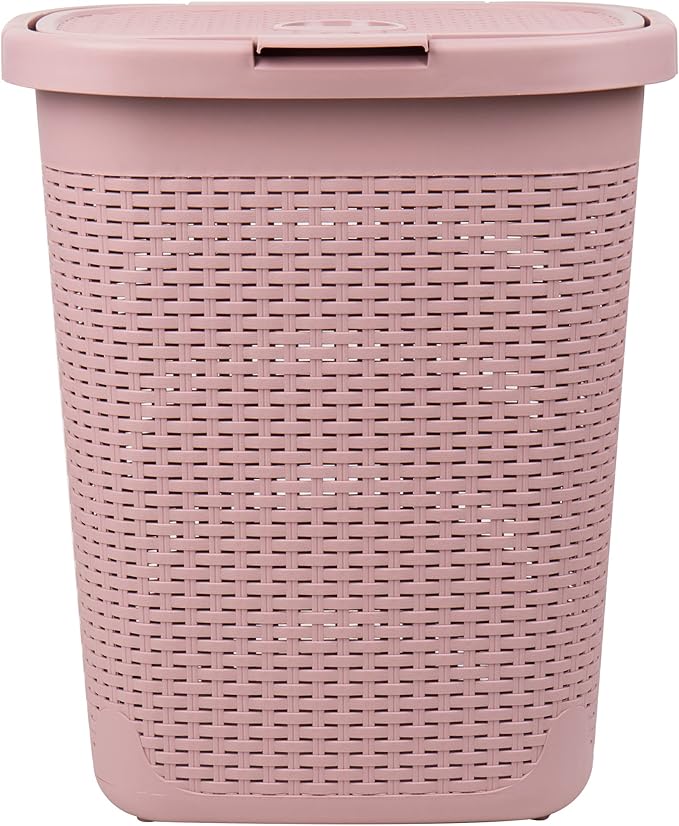 Mind Reader 50L Slim Laundry Hamper, Clothes Basket, Lid, Wicker Design, Plastic, 17.65"L x 13.75"W x 21"H, Set of 2, Pink