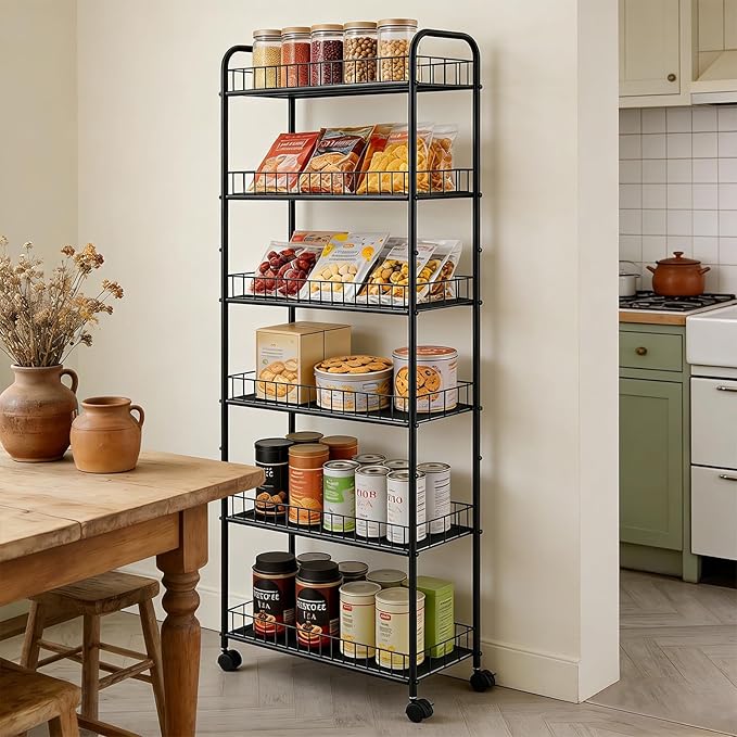 6-Tier Slim Storage Cart with Wheels,10in Wide Black Narrow Rolling Shelf,Sturdy Slim Storage Ideal for Kitchen, Bathroom, and Laundry Room