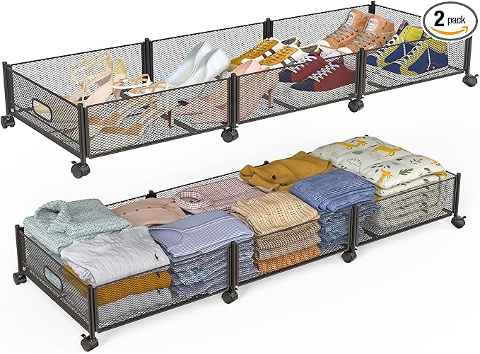 Under Bed Storage With Wheels, 47.2''/90lbs/57.6L, Metal Frame Under Bed Rolling Storage, Tool-Free Assembly Underbed Drawers, Underbed Organizer Containers for Shoes, Clothes and Toys (2 Pack)