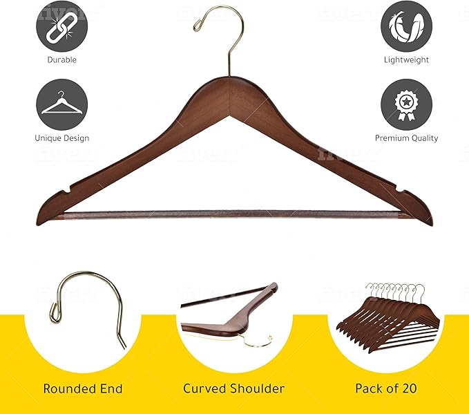 Quality Wooden Hangers - Slightly Curved, Solid Wood Coat Hangers with Stylish Chrome Hooks - Heavy-Duty, 30-Pack Sets for Clothes, Jackets, Shirts, Pants, Suits