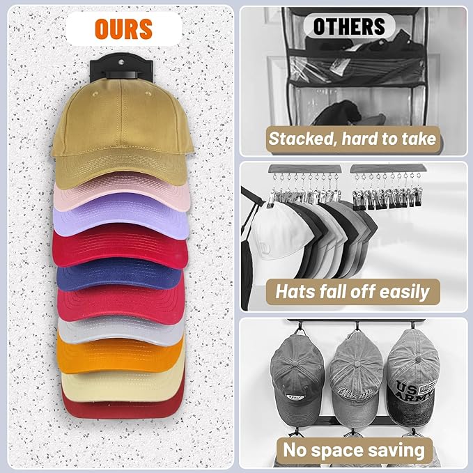 Hat Rack for Baseball Caps on the Wall, Adhesive Hat Storage Organizer, Ball Cap Hooks Display, Vertical Hat Hanger Holder for Door and Closet, Hold Up to 10 Hats, Black, 1 Pack