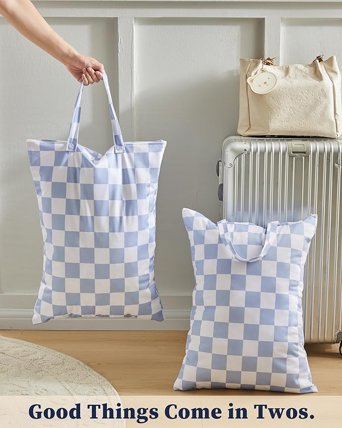 Checkered 2 Pcs Large Travel Laundry Bags for Dirty Clothes, Aesthetic Trendy Waterproof Washable Laundry Bag with Handle for Travel, Gym, Swimming Pool, Blue