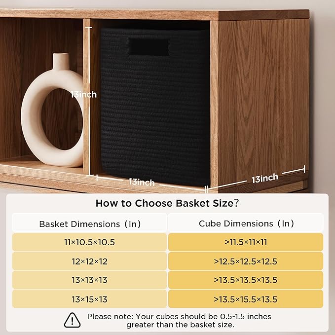 UBBCARE Set of 3 Cotton Rope Basket 13 X 13 X 13 Inches, Woven Storage Baskets for Shelves, Organizing with Handles, Cube Storage Bins for Storage Books, Magazines, Black