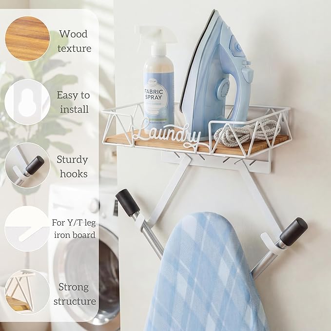 PERFNIQUE Ironing Board Holder, Iron Board Wall Mount, Ironing Board Hanger, Laundry Room Organization with Removable Hooks(T&V Shaped), Wooden Base Basket, Laundry Room Decor(Laundry, White)