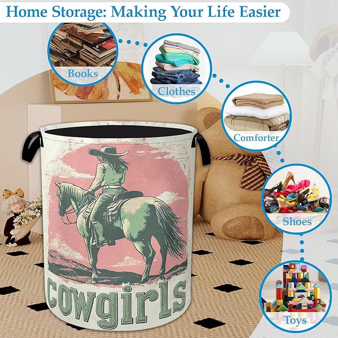 Vintage Cowgirl Laundry Basket Collapsible Laundry Hamper, Oxford Cloth Storage Bin for Room/Bathroom/Bedroom/Dormitories 16" X 20.8"