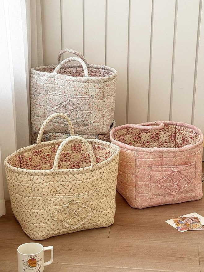 Quilted Laundry Basket Floral Storage Basket Cute Fabric Laundry Baskets Large Boho Foldable Nursery Hamper (Floral03)