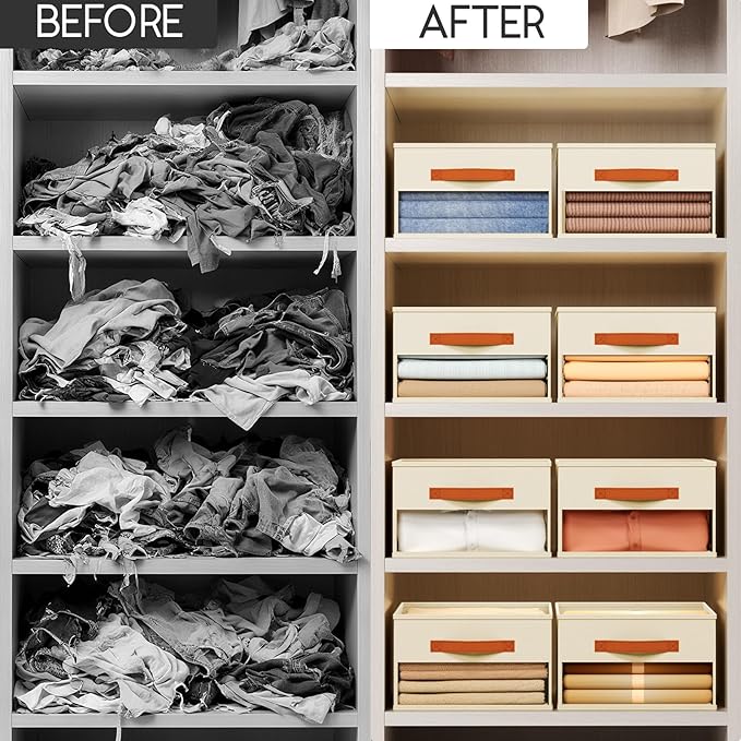 Drawer Organizers and Storage - 12 Pack Foldable Pants Organizer with Clear Window & Handles, Fabric Closet Organizer for Clothes, Jeans, Sweaters, Towels, T-shirt, Scarf (Beige)