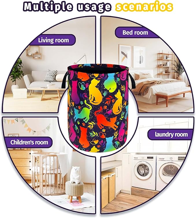Cute Colorful Cat Laundry Basket Foldable Oxford Cloth With Handle Portable Neon Storage Basket Organizer Suitable For Laundry Room/Bedroom/Living Room/Children'S Room (18.9 X 16.5 Inch)