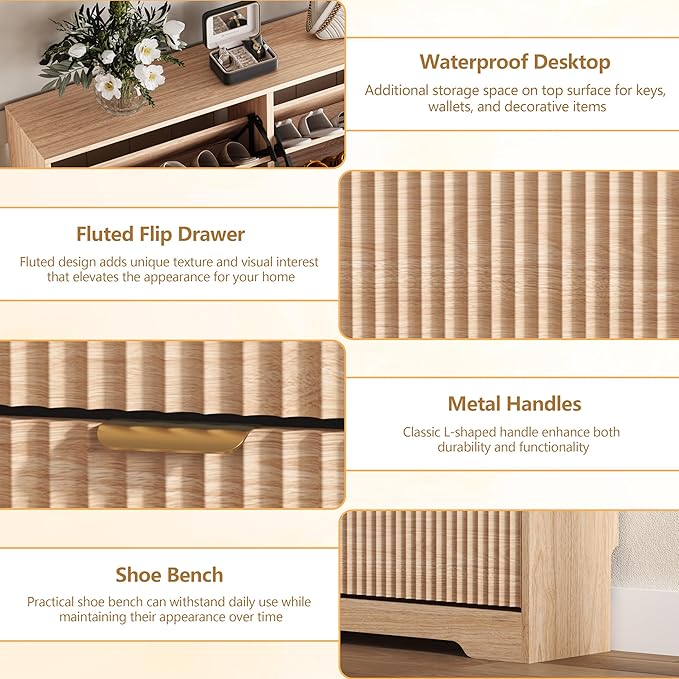 Shoe Cabinet Storage for Entryway with 6 Flip Drawers, Oak Fluted Shoe Cabinet with Adjustable Shelves, Wooden Hidden Shoe Rack Freestanding Narrow Slim Shoes Storage for Hallway, Entrance